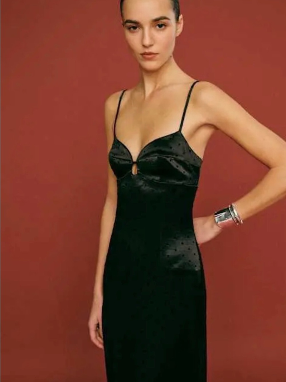 Reformation Black Polka Dot Satin Spaghetti-Strap Maxi Dress - Picture 2 of 3